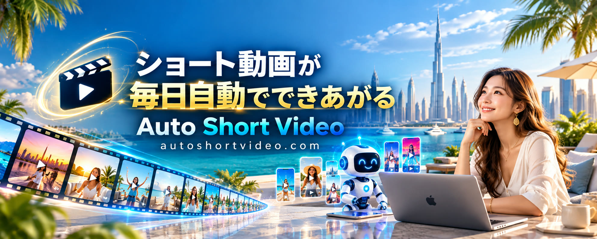 ドバイの海辺でノートパソコンに向かう女性とロボット。『ショート動画が毎日自動でできあがる Auto Short Video』autoshortvideo.com